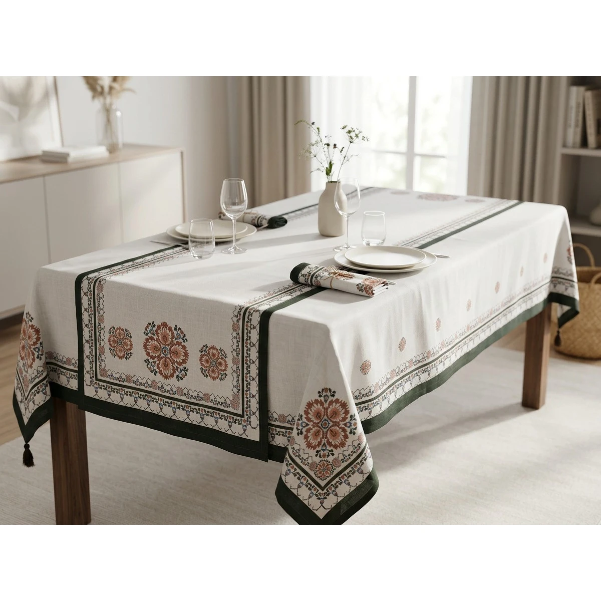 Manamo Cross Stitch Table Cloth Polyester Cream Digital Printed 140x140 cm