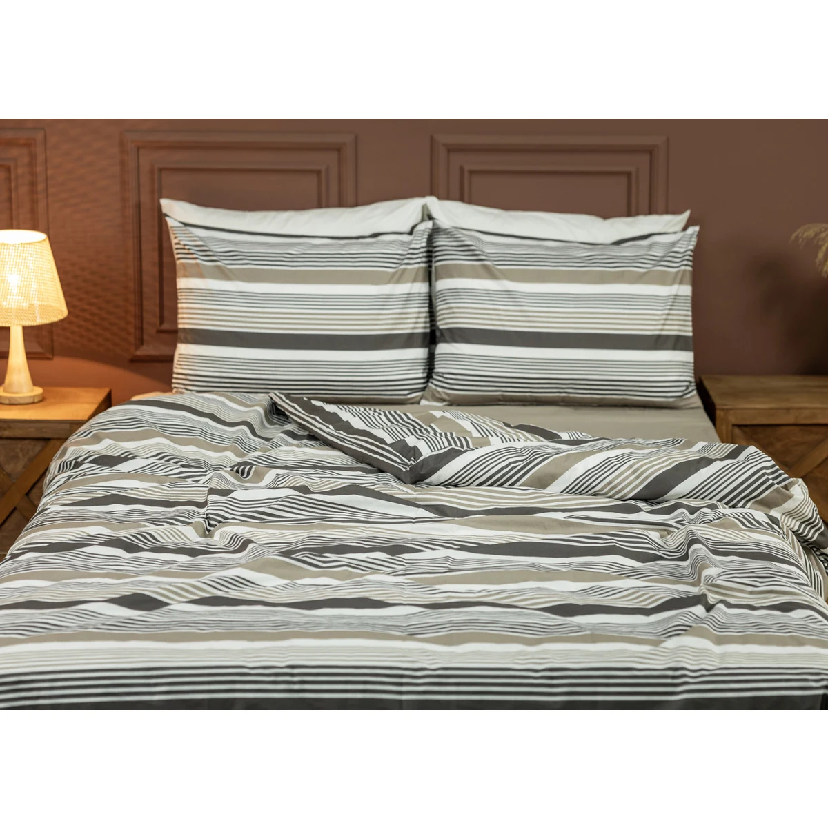 Manamo M&D Stripe  Duvet Cover With Pillow Case Cotton Mink/Stone Single 160x220 cm+50X70 cm