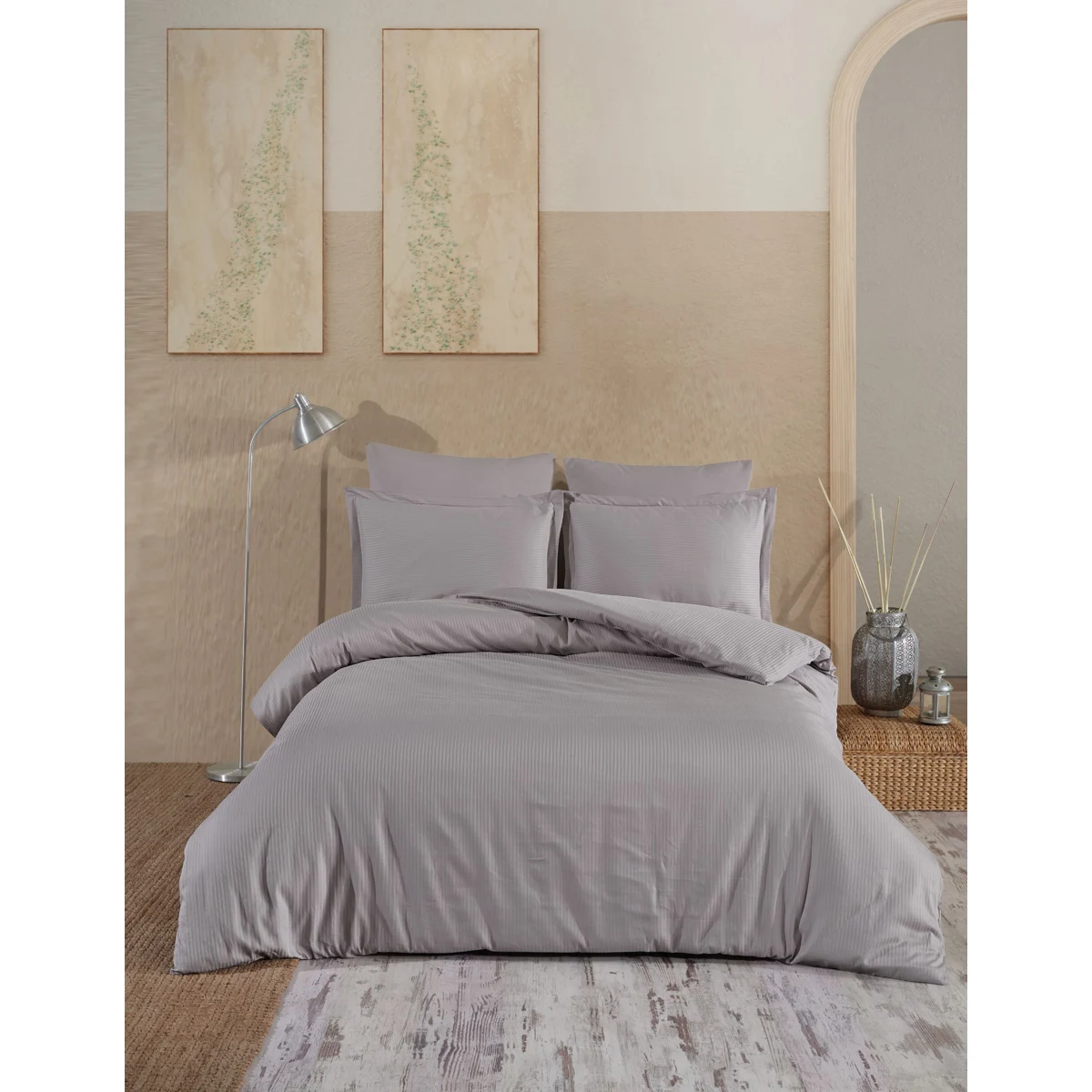 Manamo Prime Stripe Bed Linnen Set  Saten Grey Single 160x220+50x70+180x260 cm  