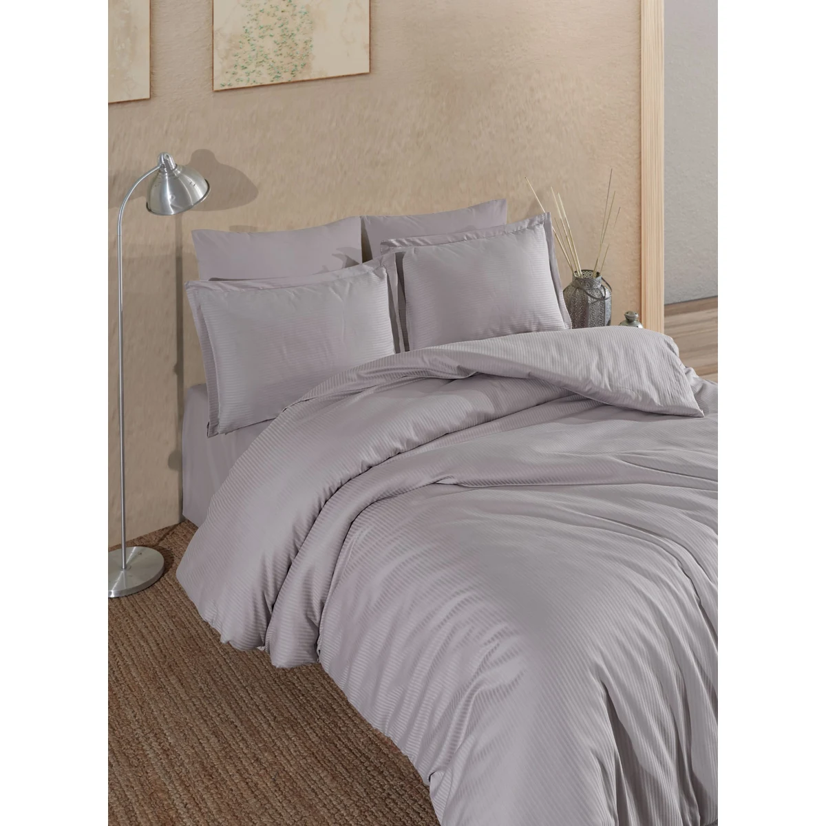 Manamo Prime Stripe Bed Linnen Set  Saten Grey Single 160x220+50x70+180x260 cm  