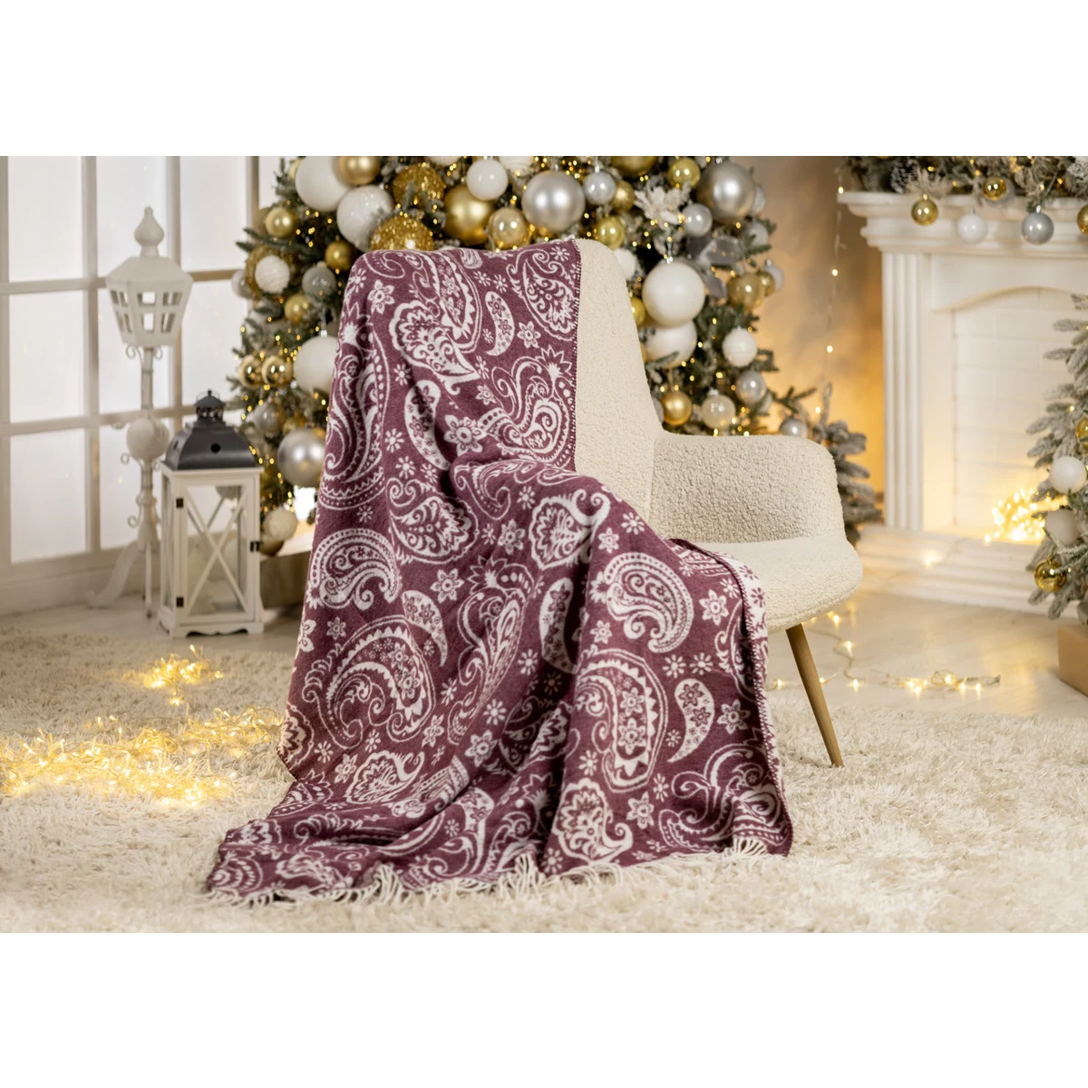 Manamo  Paisley Flower  მოსახური პლედი ბამბა აკრილის იისფერი/კრემისფერი  120x160 სმ