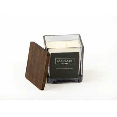 Manamo Citrus Harmony  Scented Candle With Wooden Lid  Grey 270 gr